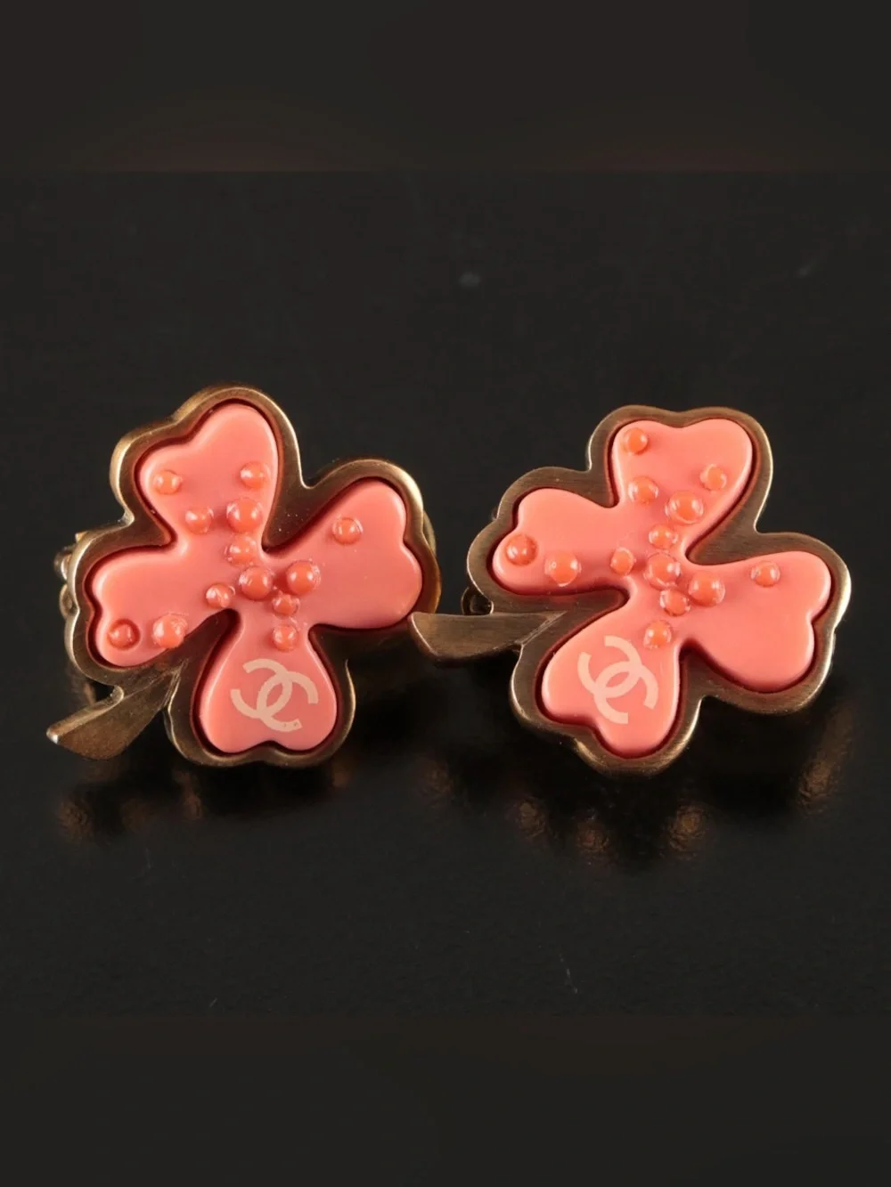 CHANEL CC Clover Pink and Gold Toned Clip Earrings